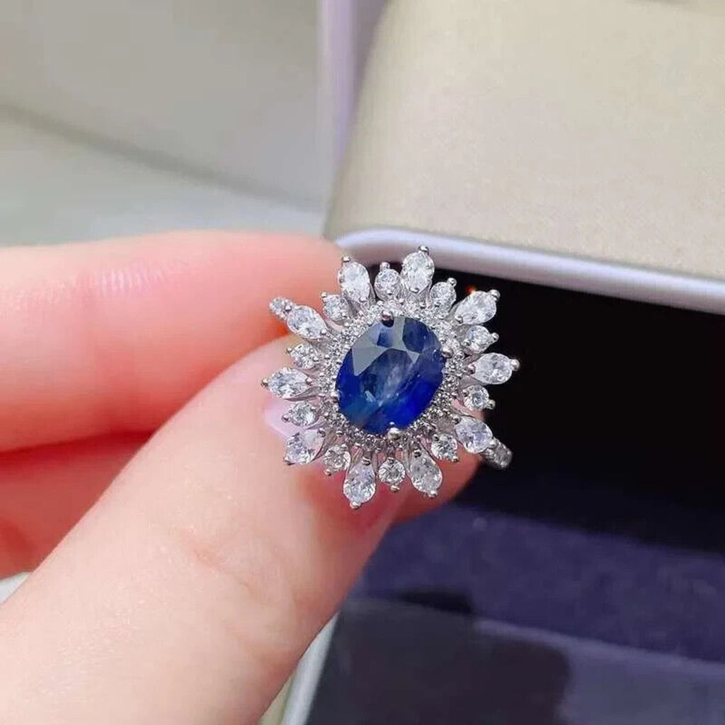 Natural Sapphire Gemstone Ring, Women's Sapphire Statement Ring Sterling Silver
