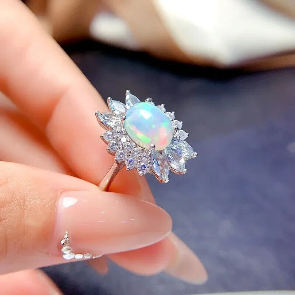 Natural Fire Opal And Aquamarine Gemstone Ring, Opal and Aquamarine Jewelry
