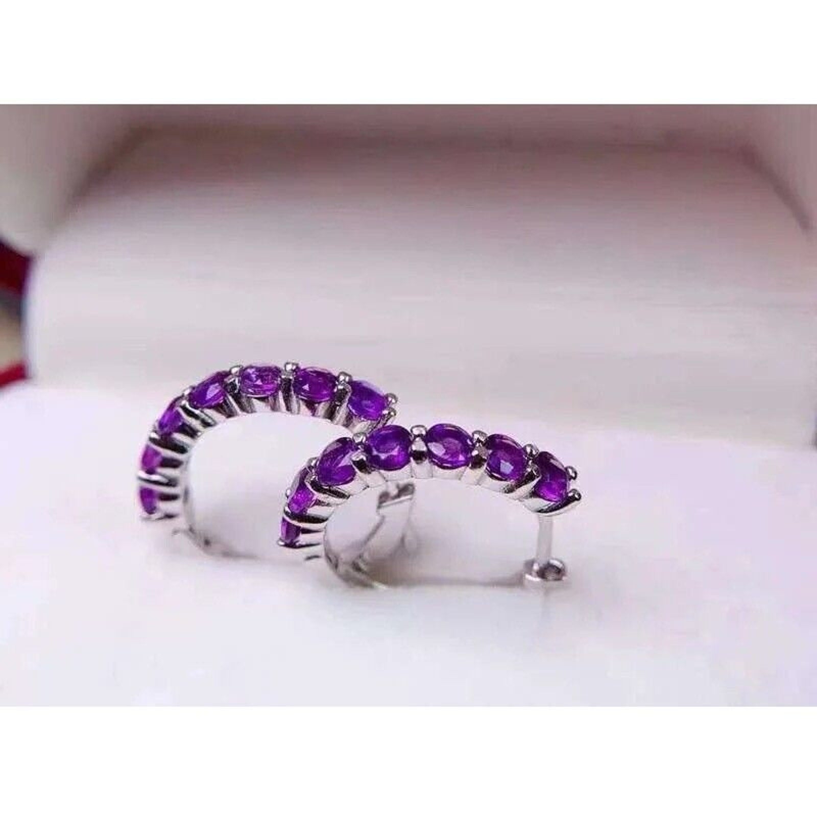 Natural Amethyst Hoop Earrings Platinum Plated 3mm, Amethyst Earrings Silver