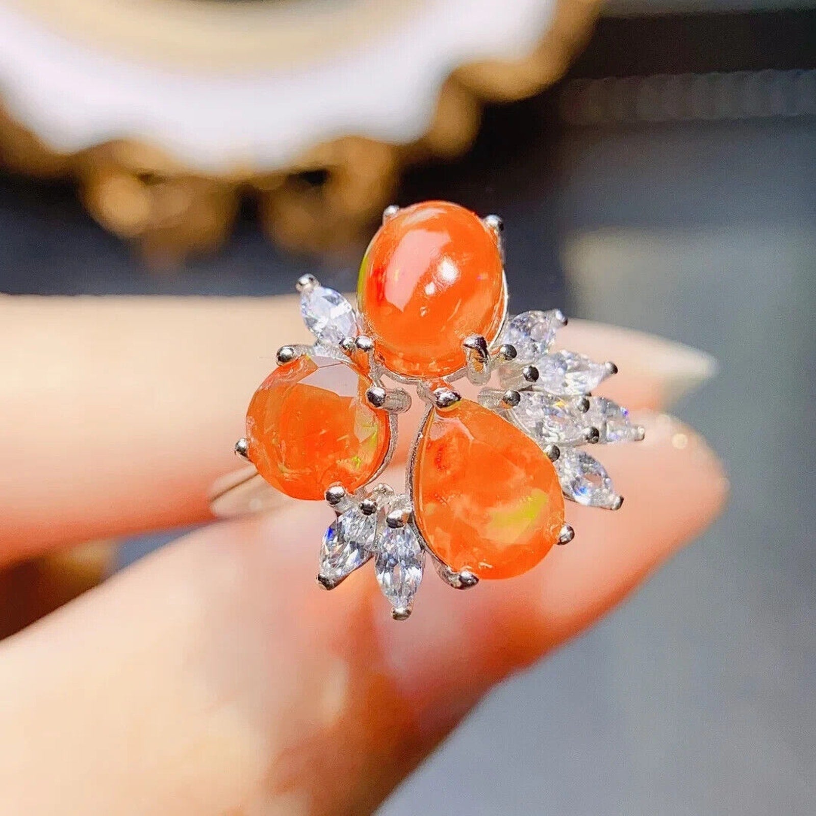 Orange Mexican Fire Opal Cluster Ring, Natural Orange Opal Ring Sterling Silver