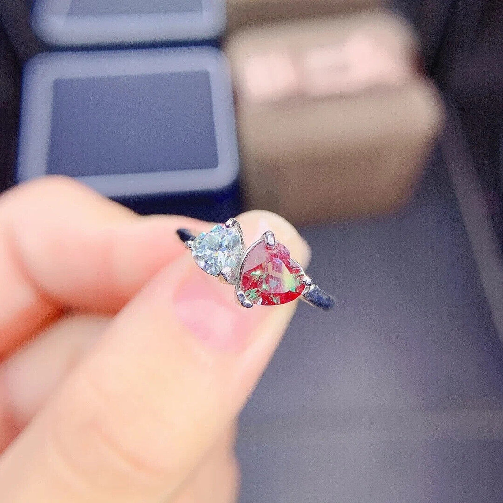 Lab Alexandrite Gemstone Heart Ring with Moissanite Heart