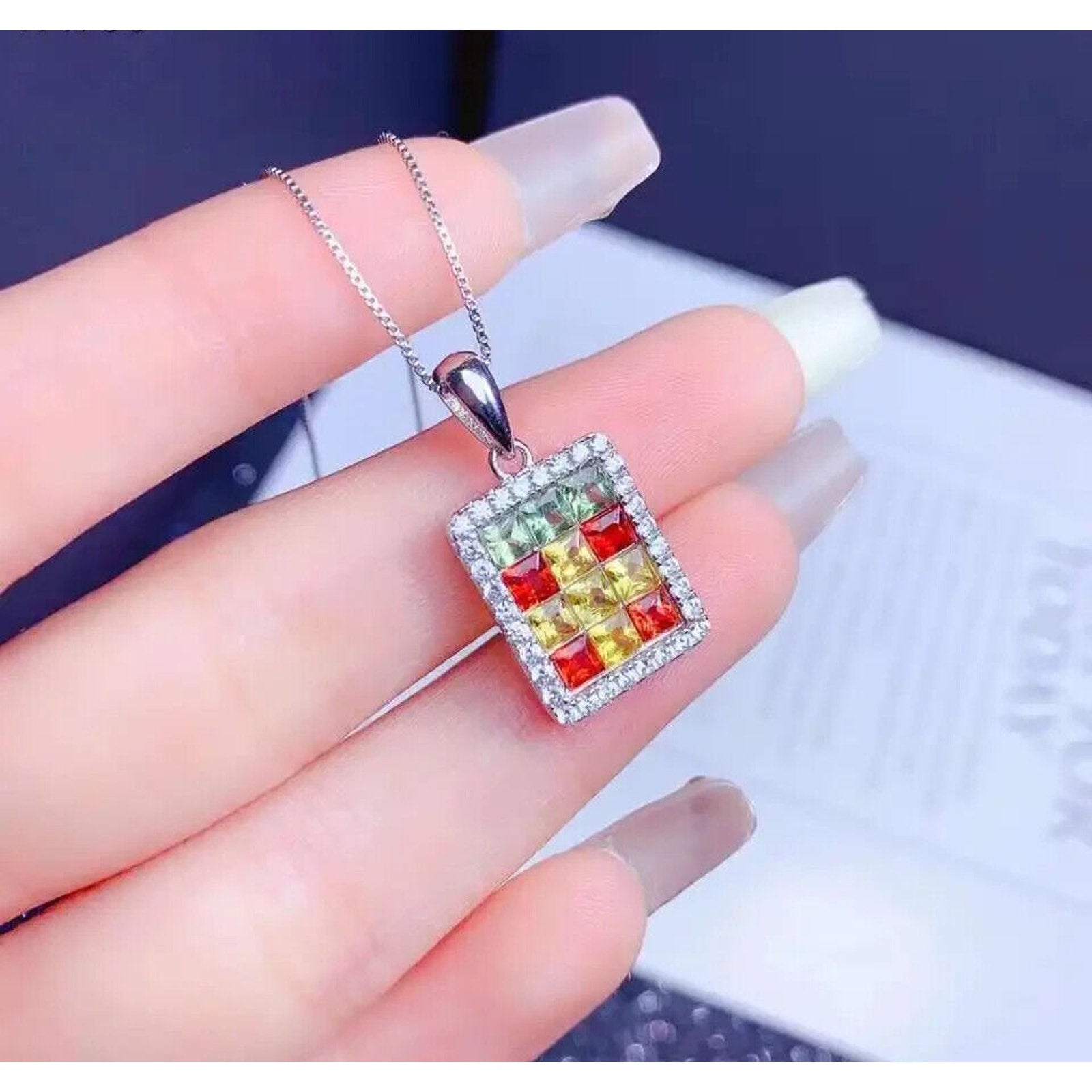 Multicolor Natural Sapphire Pendant Necklace, Sapphire Pendant Necklace 3mm