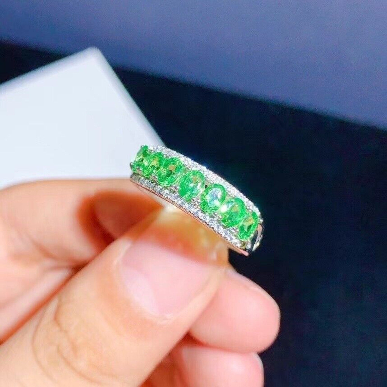 Bright Green Tsavorite Gemstone Band Ring Platinum Plated, Tsavorite Gemstone