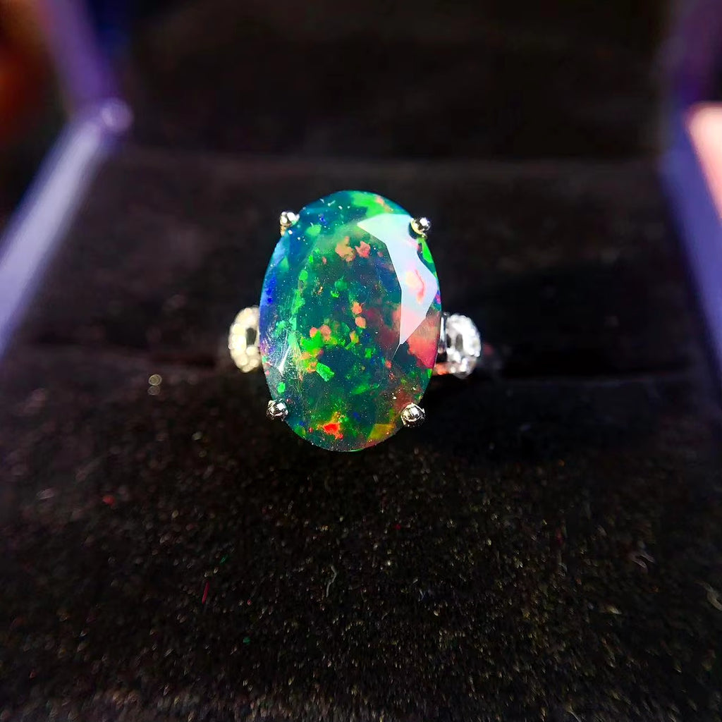 Faceted Black Opal Ring, Australian Fire Opal Statement Ring Sterling Silver