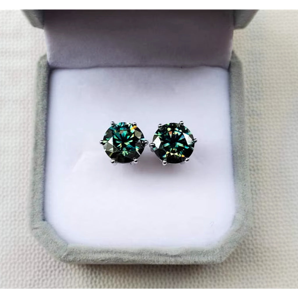 3CT Green Moissanite Earrings, VVS1 Round Brilliant Cut Moissanite Stud Earrings