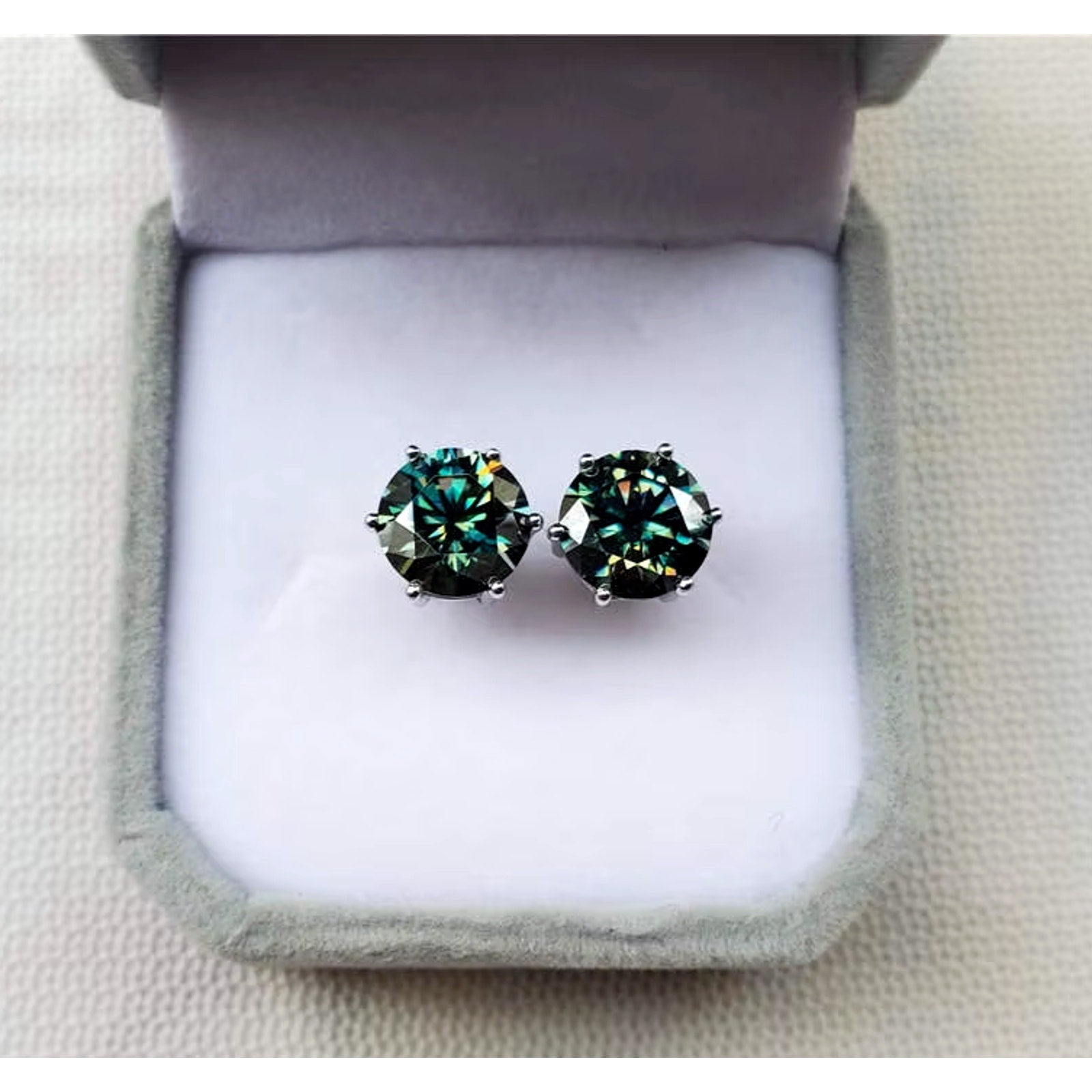 3CT Green Moissanite Earrings, VVS1 Round Brilliant Cut Moissanite Stud Earrings