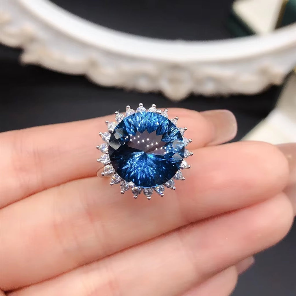 12Ct Firework Cut London Blue Topaz Halo Engagement Ring 925 Sterling Silver