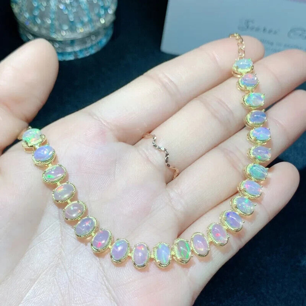 White Fire Opal Gemstone Bracelet, Natural Opal Tennis Bracelet Sterling Silver