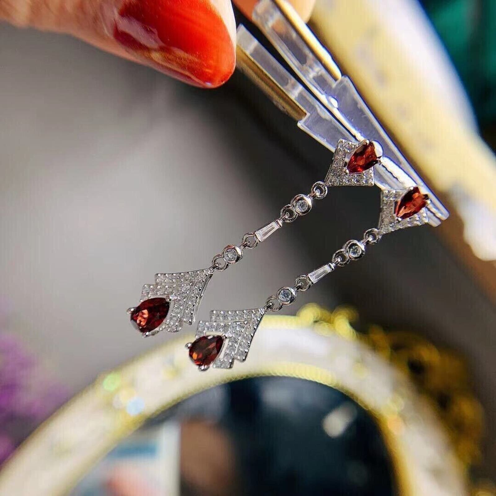 Red Garnet Long Dangle Earrings 4x6mm Platinum Plated