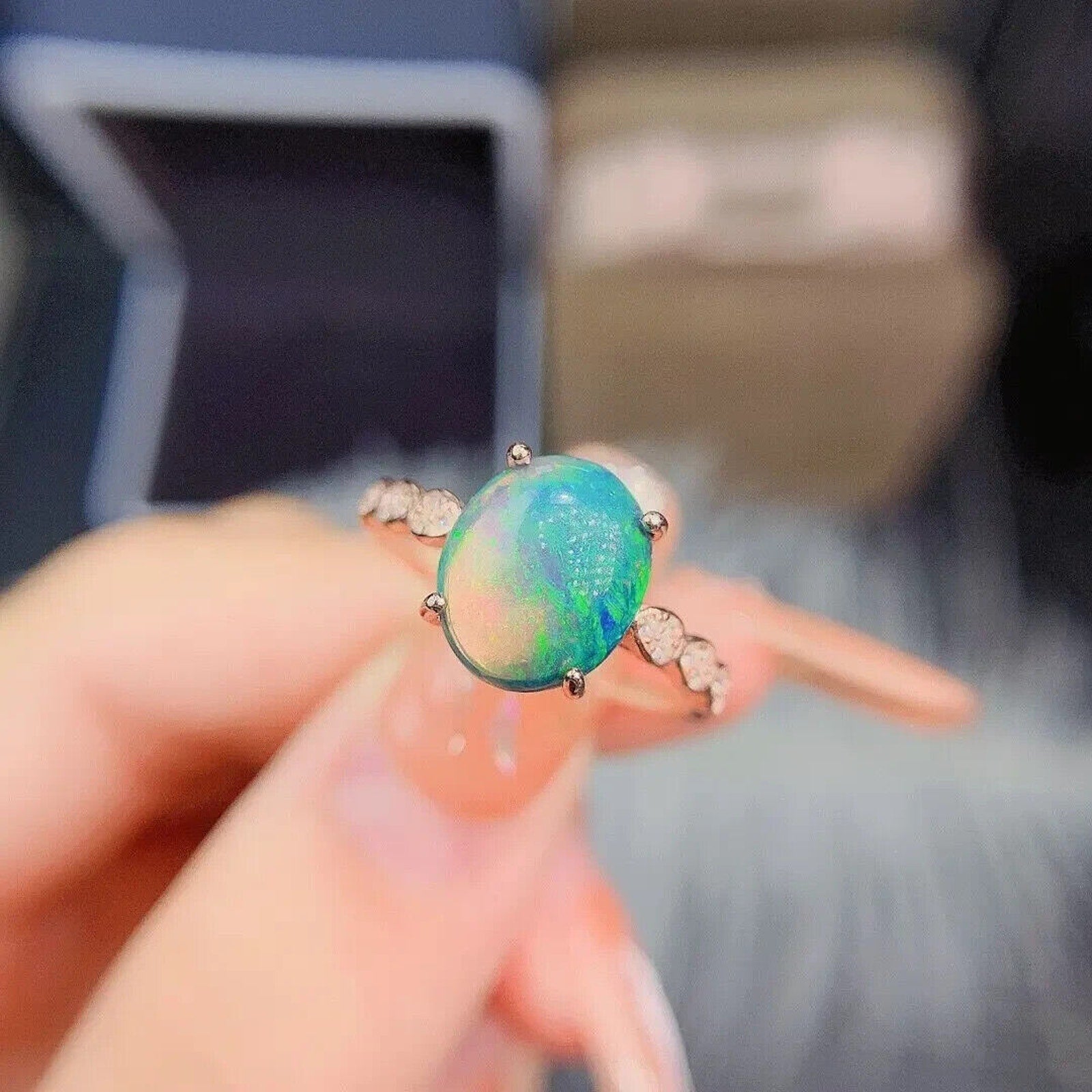 Natural Black Fire Opal Cocktail Ring, Women's Colorful Fire Opal Ring Sterling