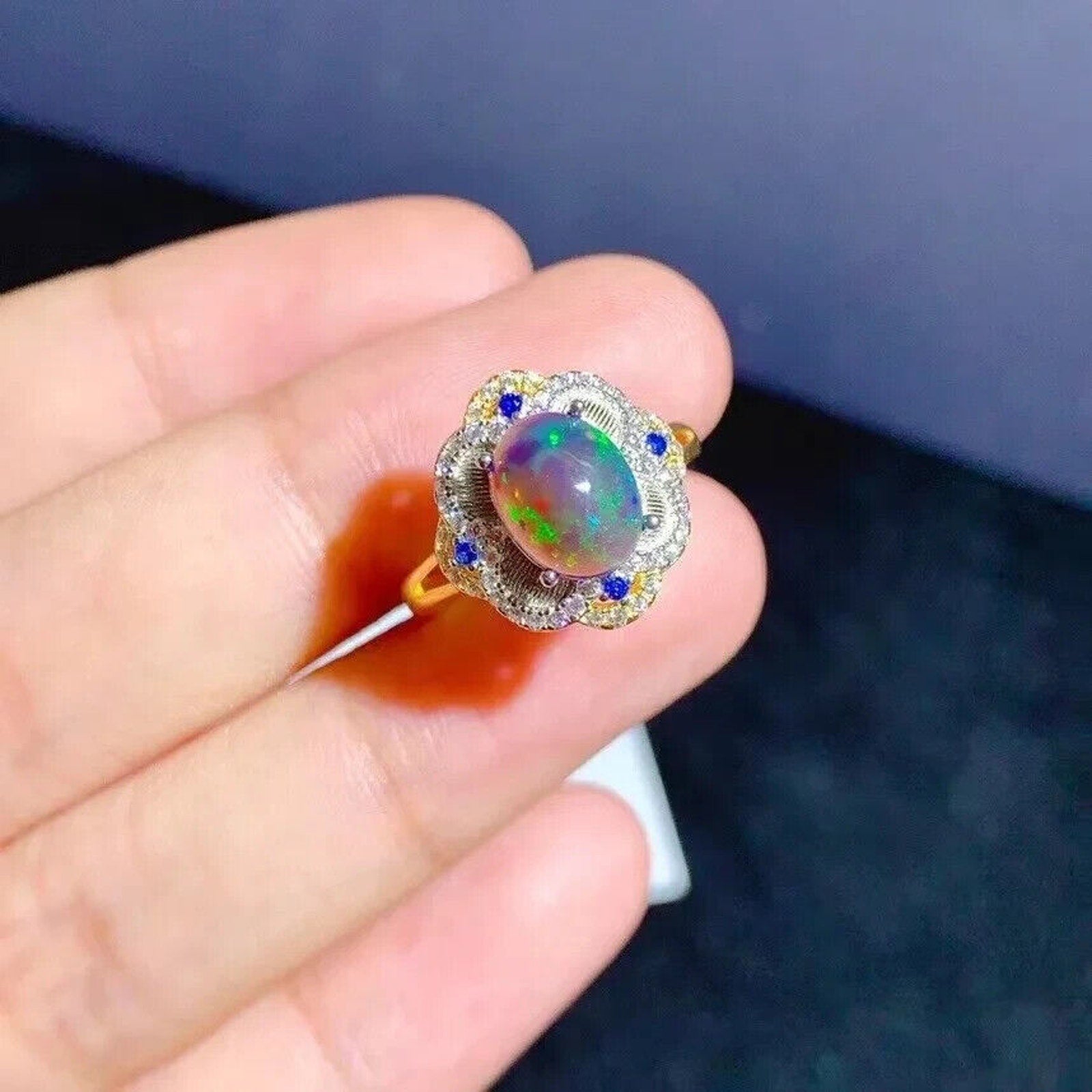 Natural Black Opal Jewelry Set 8x10mm, Colorful Fire Opal Pendant and Ring Set