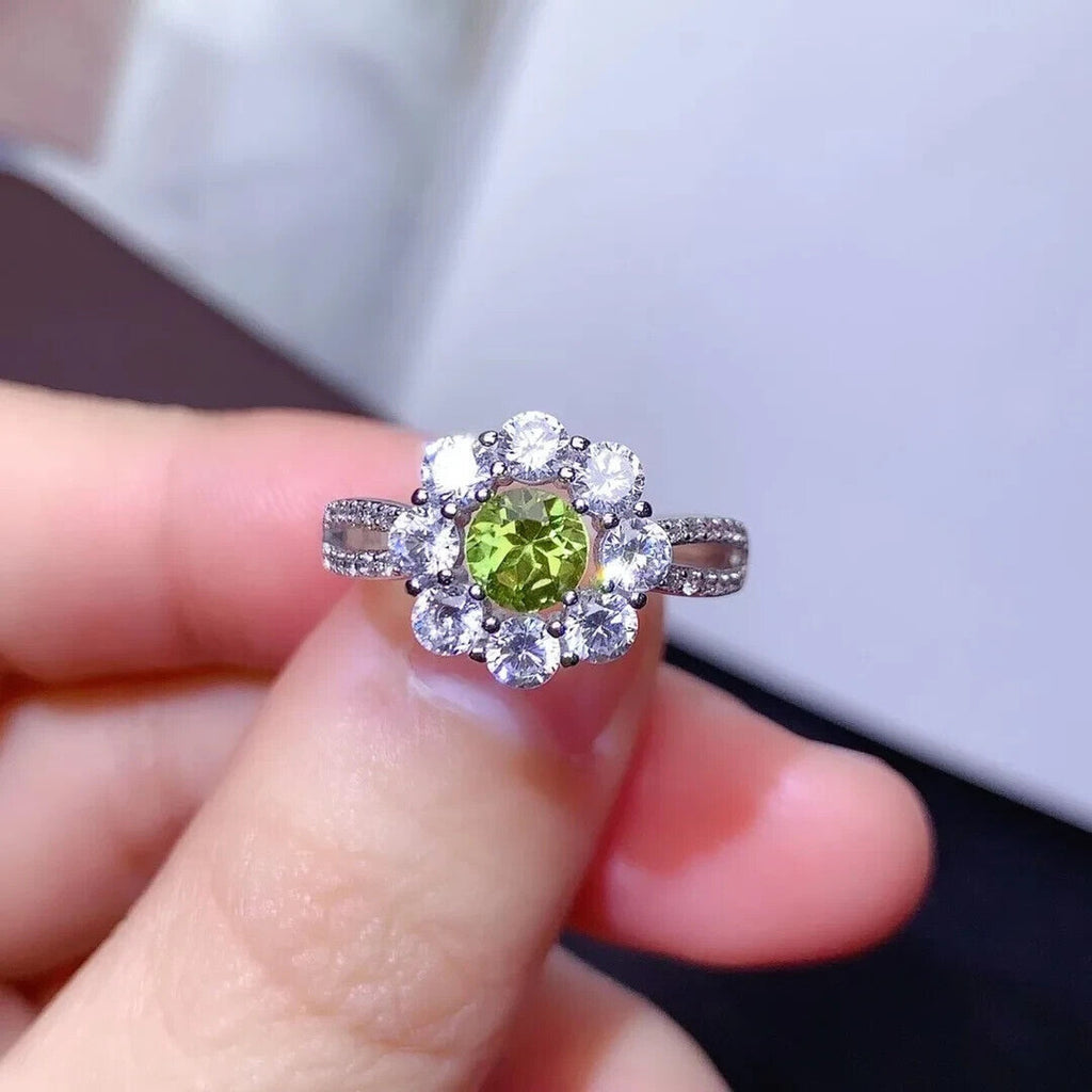 Peridot Birthstone Flower Ring, Natural Peridot Rings 925 Sterling Silver