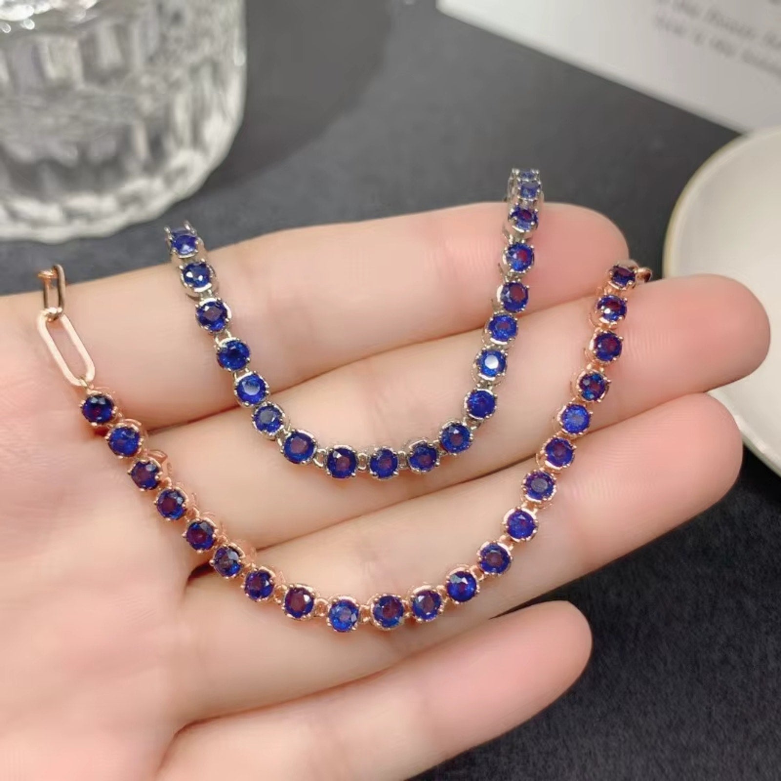 Natural Sapphire Paperclip Chain Bracelet, Blue Sapphire Bracelet 925 Sterling