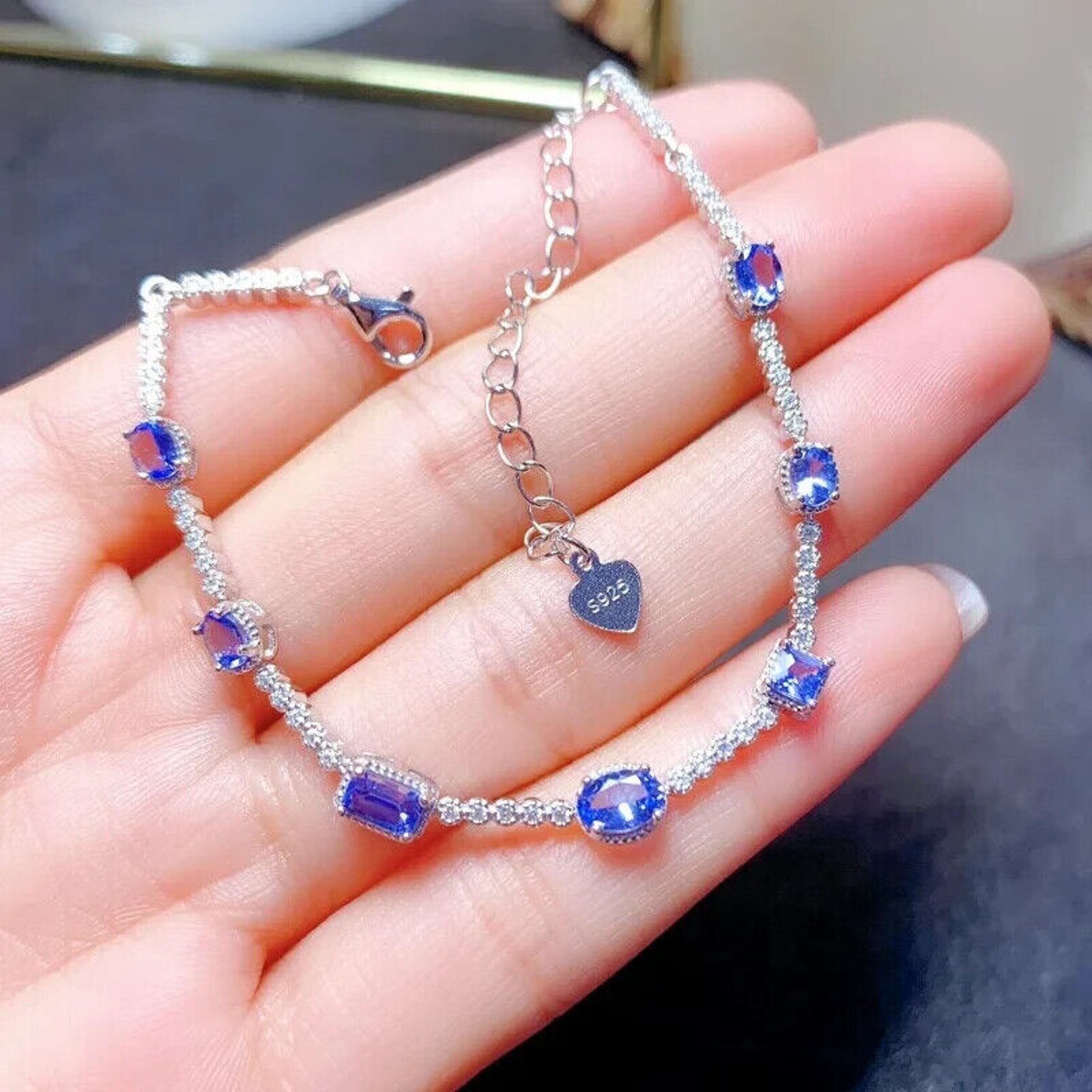 Dainty Tanzanite Tennis Bracelet, Natural Purple Tanzanite Bracelet Sterling