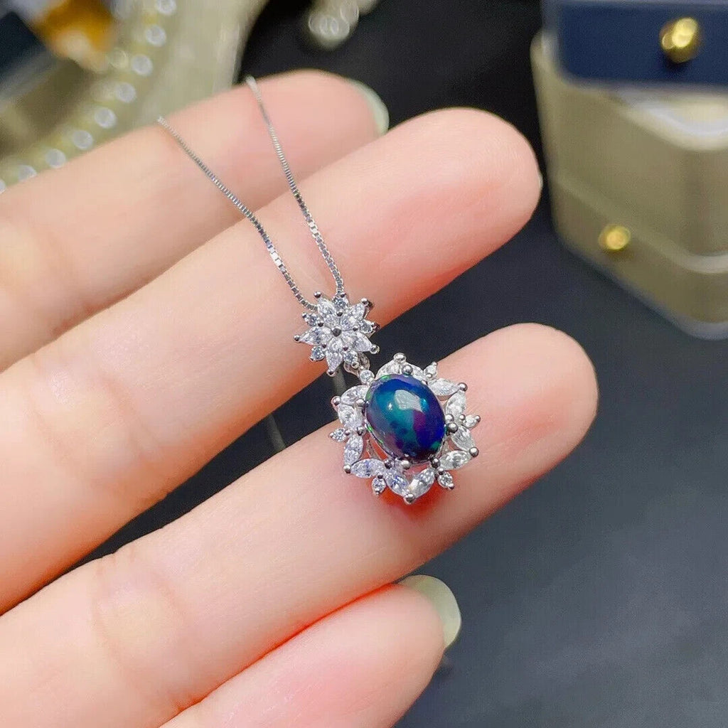 Natural Black Opal Jewelry Set 5x7mm, Women's Dainty Fire Opal Jewelry Set