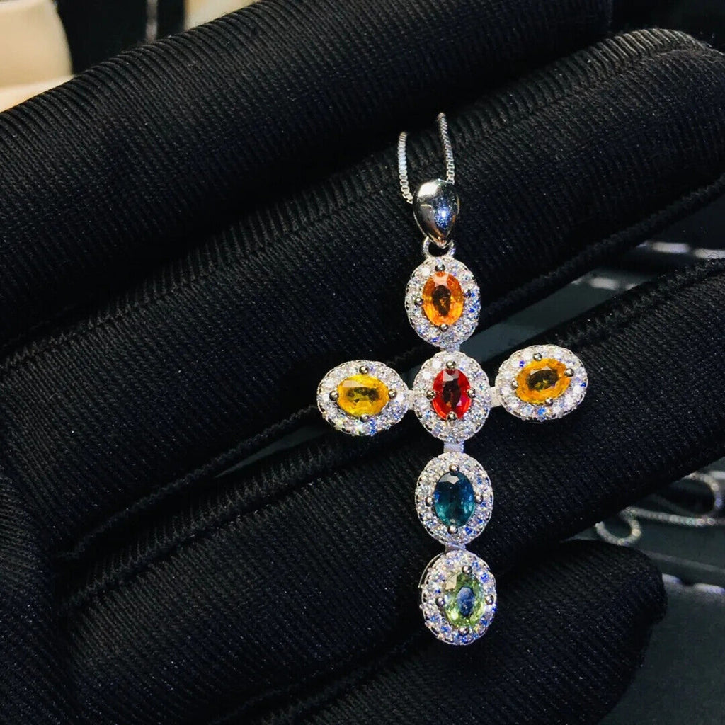 Natural Gemstone Cross Necklace, Ruby, Sapphire, Emerald, Moonstone, Aquamarine