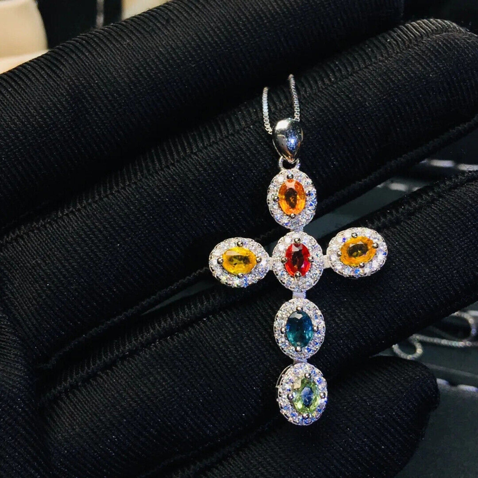 Natural Gemstone Cross Necklace, Ruby, Sapphire, Emerald, Moonstone, Aquamarine