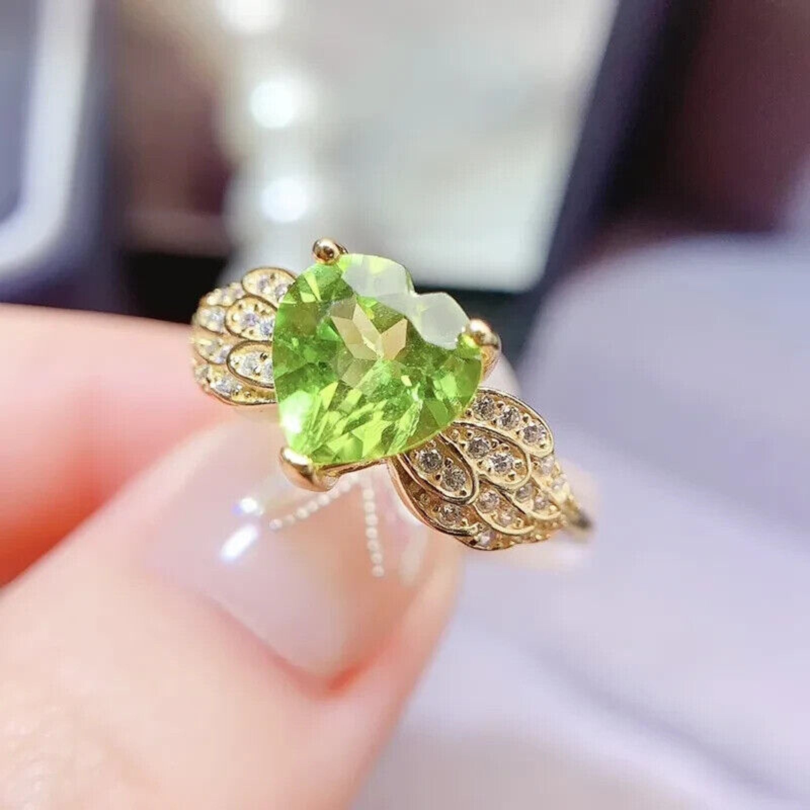 Natural Peridot Gemstone Heart Ring 8mm 2CT, August Birthstone Peridot Ring