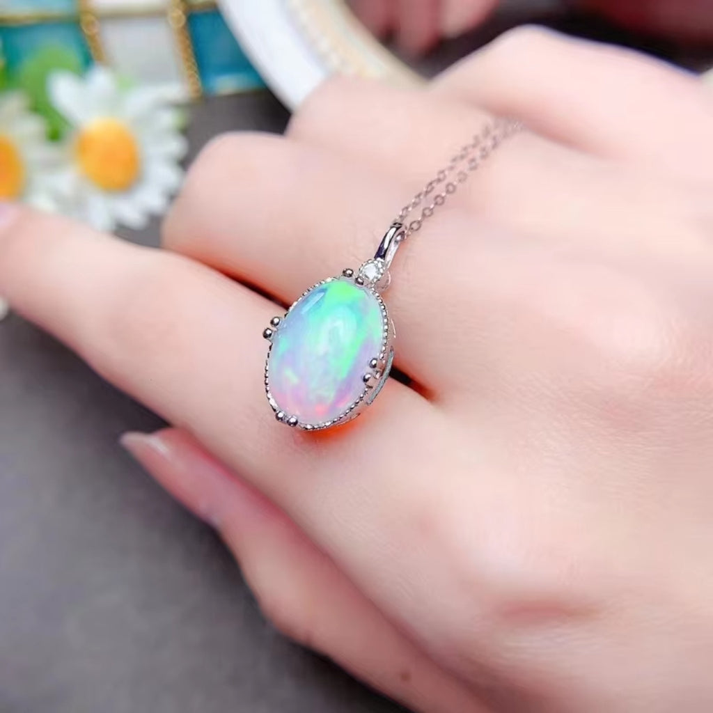Natural Fire Opal Pendant Necklace, Women's Opal Pendant Necklace 10x14mm