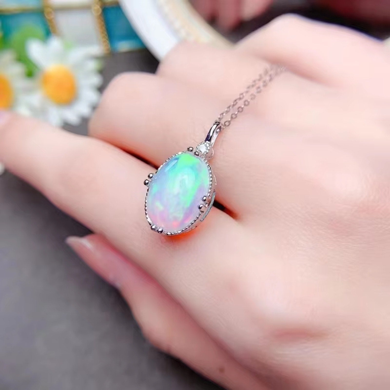 Natural Fire Opal Pendant Necklace, Women's Opal Pendant Necklace 10x14mm