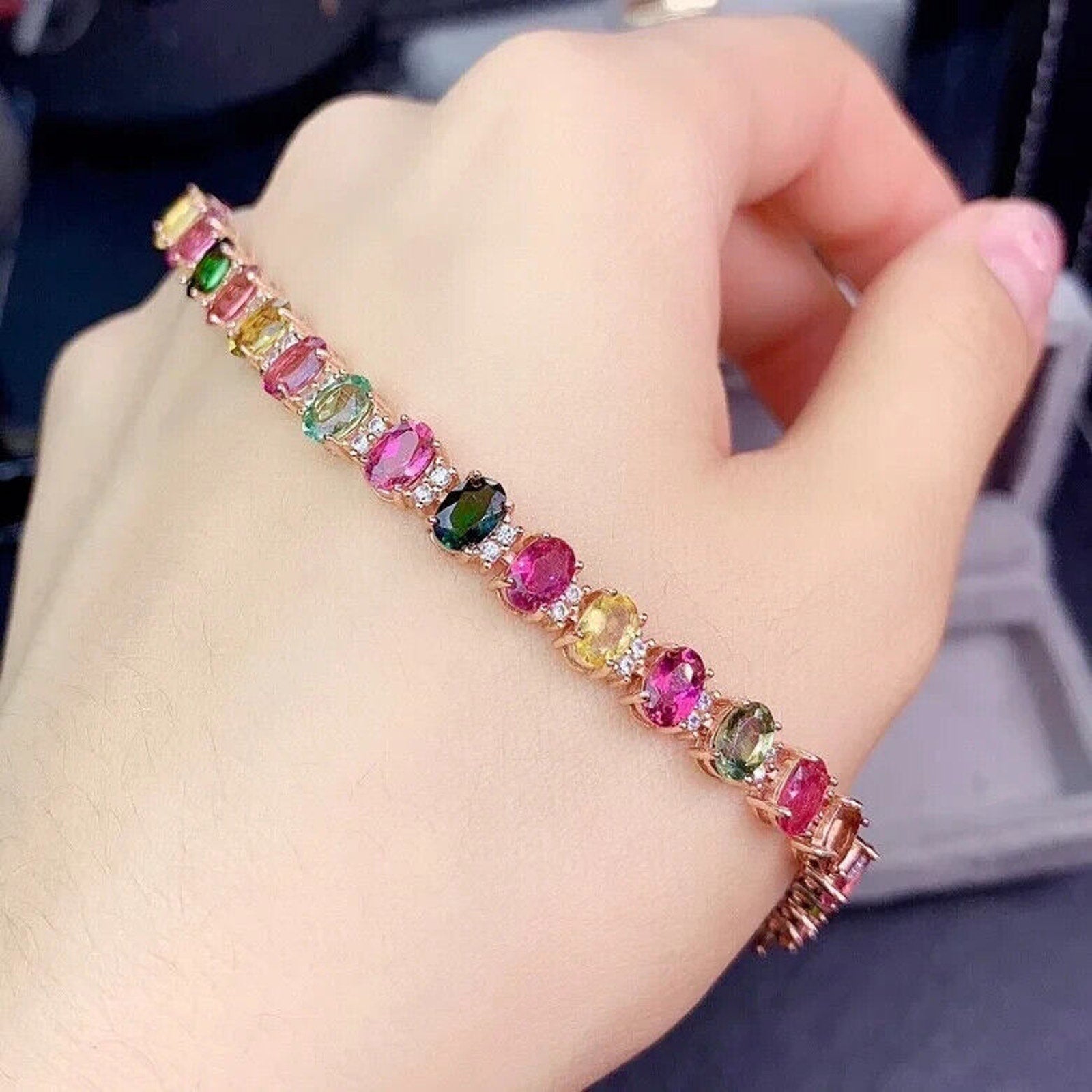 Natural Brazilian Tourmaline Gemstone Tennis Bracelet, Multicolor Tourmaline