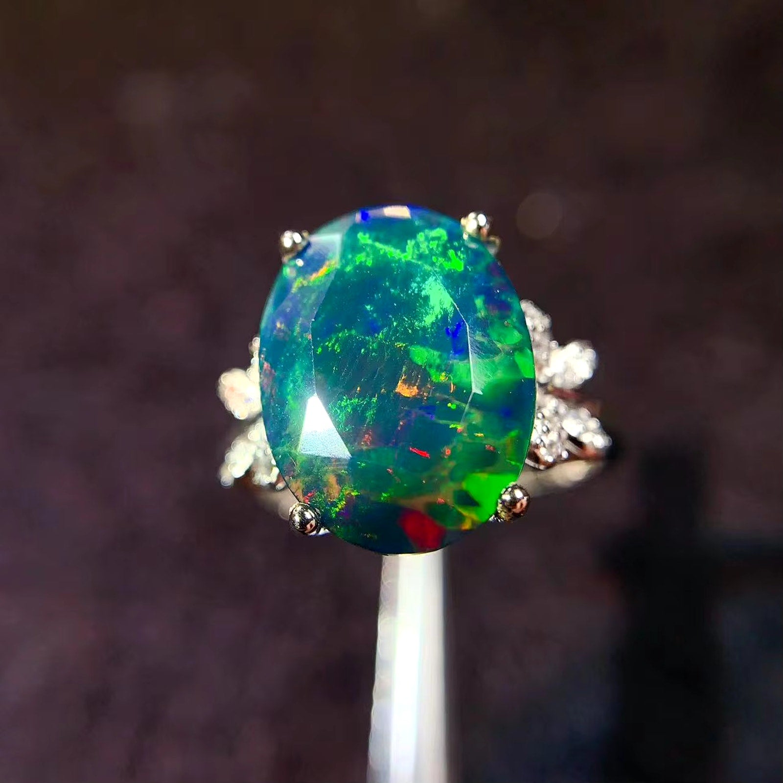 Black Fire Opal Statement Ring, Australian Fire Opal Ring Sterling Silver