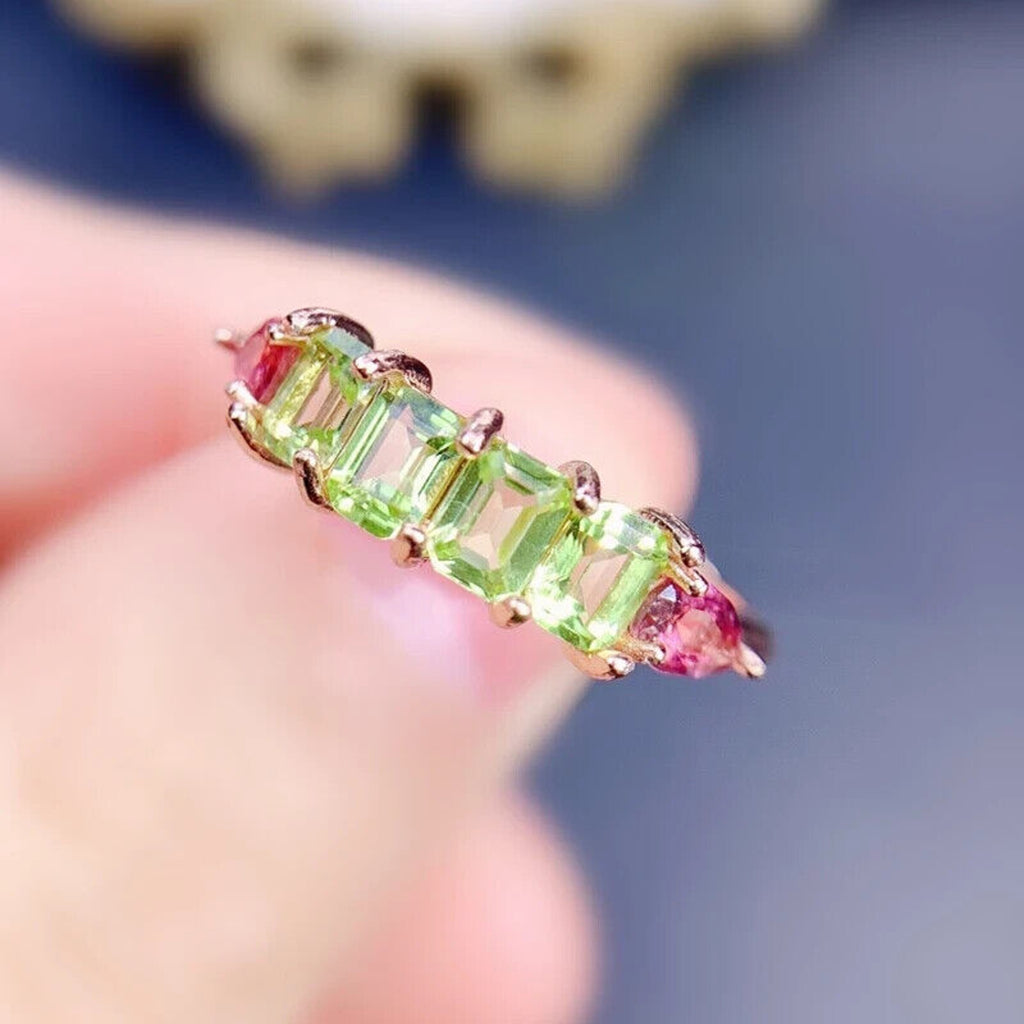 Natural Peridot and Tourmaline Emerald Cut Band Ring, August Birthstone Peridot