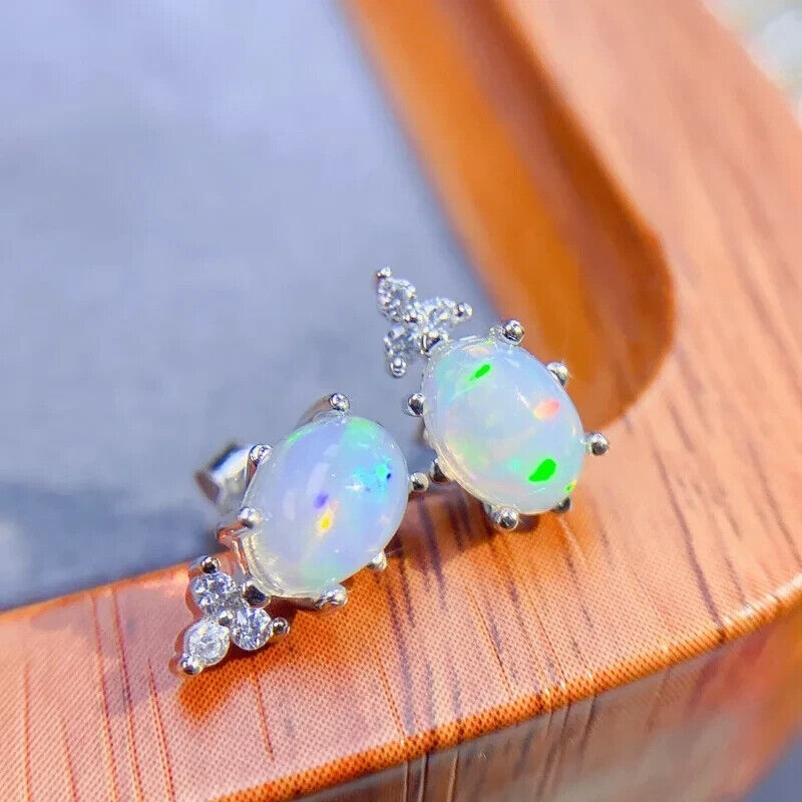 Colorful Fire Opal Stud Earrings, Australian Opal Stud Earrings Sterling 5x7mm