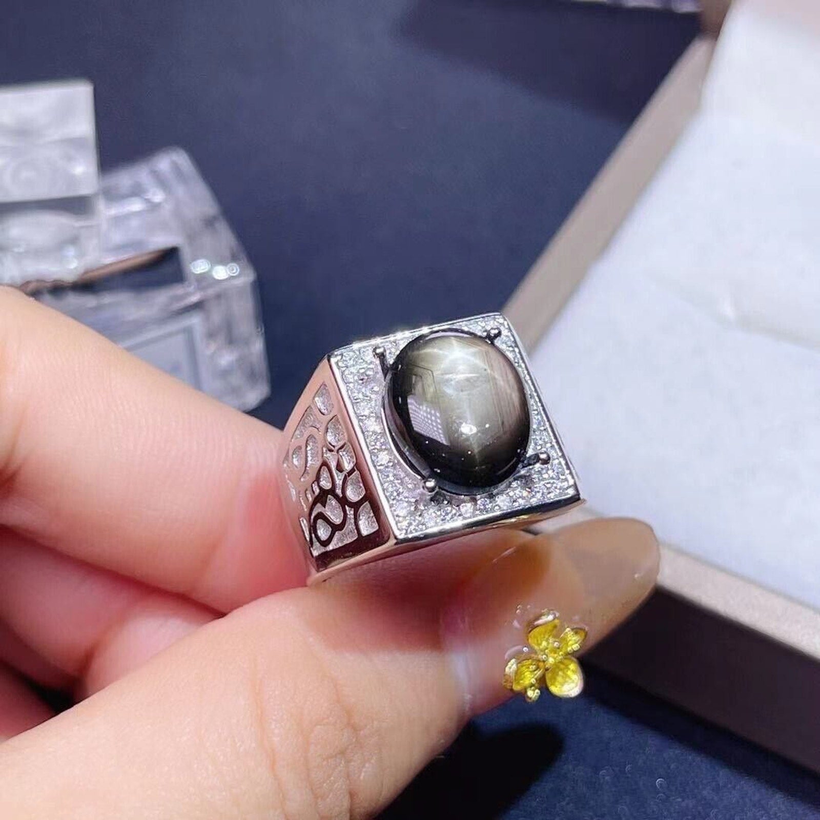 Men's Gray Star Sapphire Big Ring, 10x12mm Men's Star Sapphire Ring Platinum