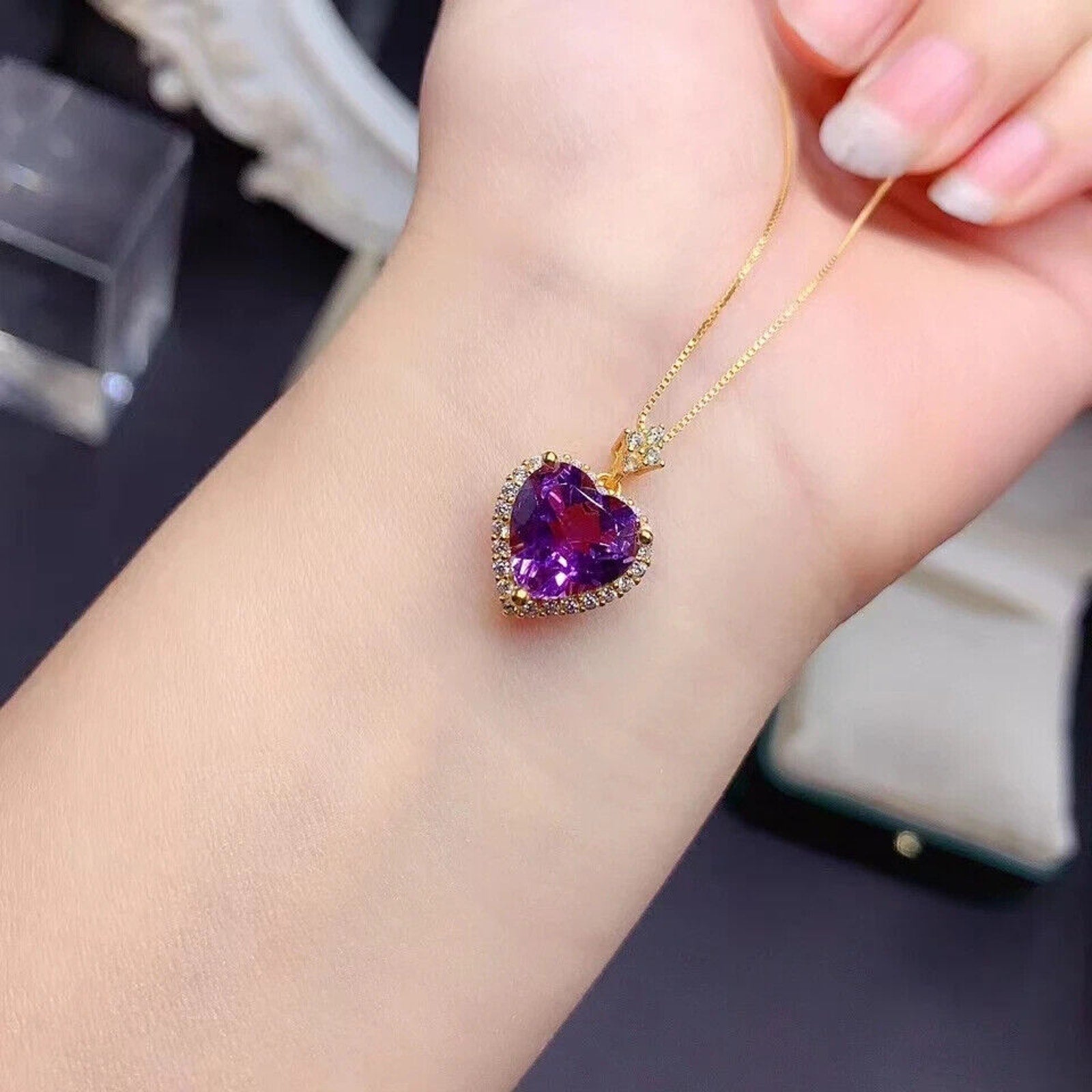 Natural Amethyst Heart Pendant Necklace, Amethyst Heart Necklace 8mm 925 Silver