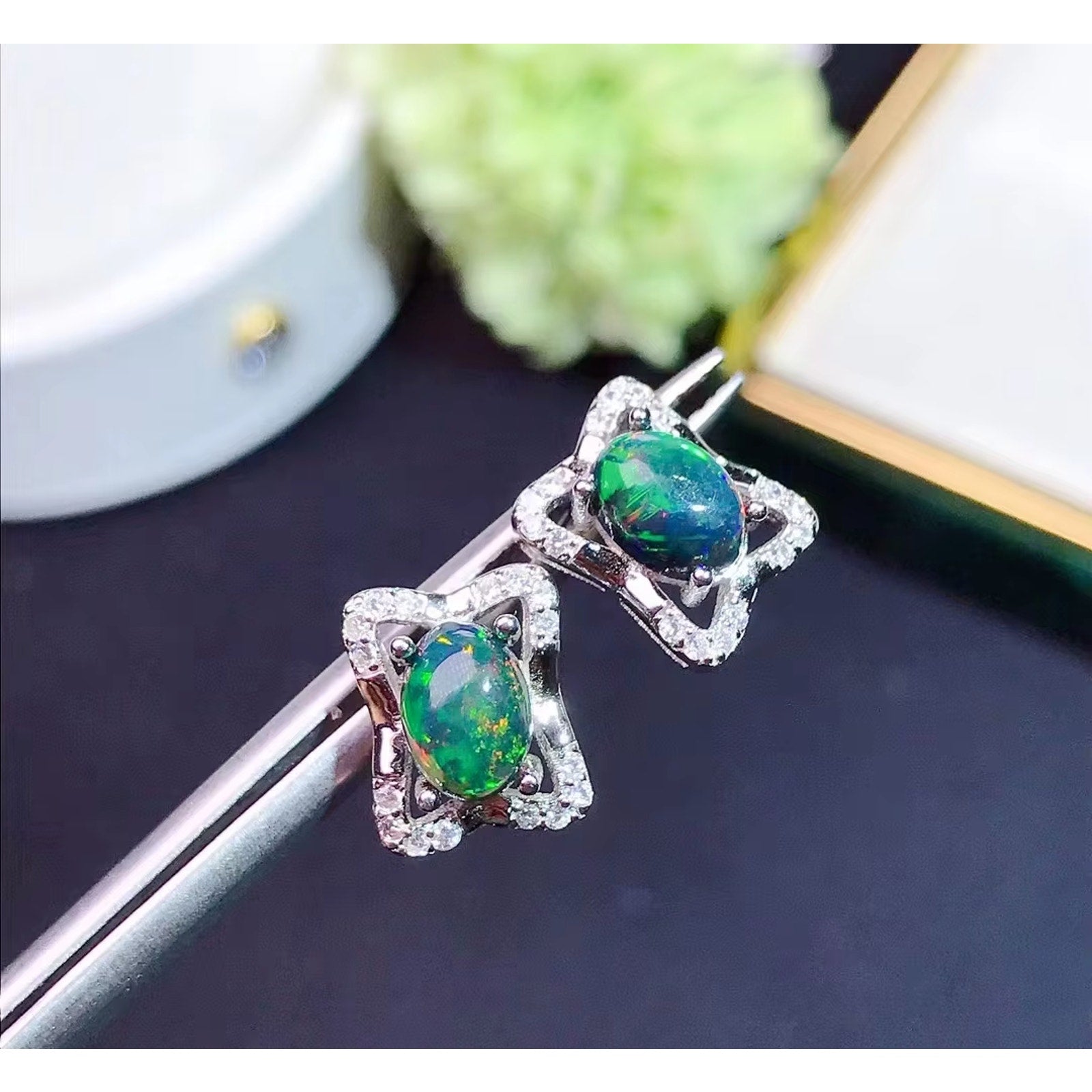 Black Fire Opal Stud Earrings Colorful Black Fire Opal Earrings Sterling Silver
