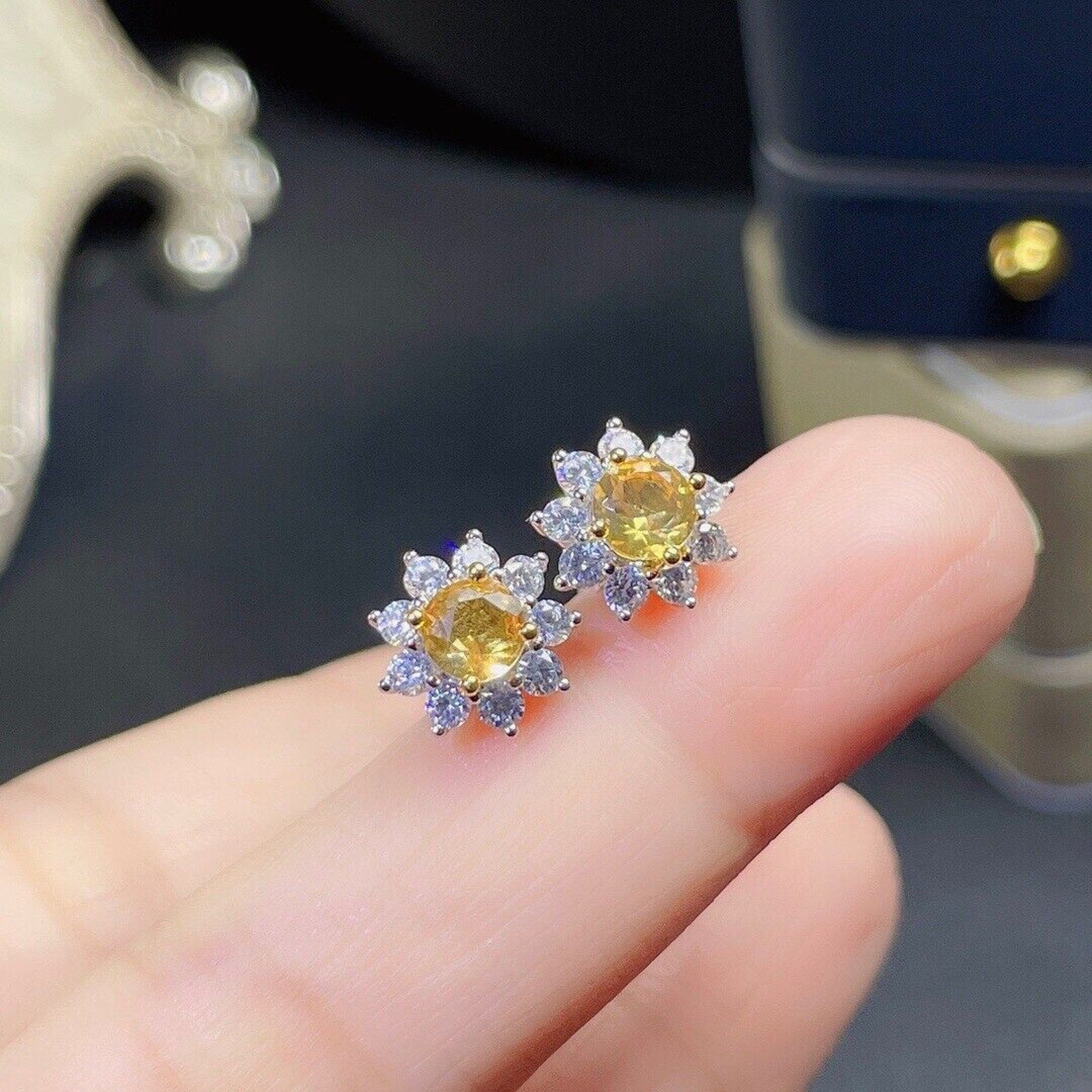 5x5mm Natural Citrine Flower Earrings, Genuine Citrine Stud Earrings Sterling