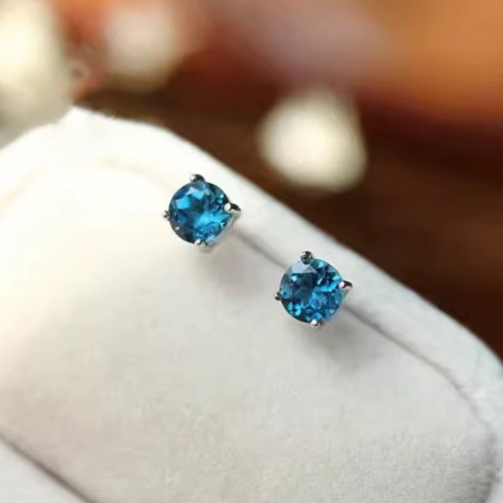 London Blue Topaz Stud Earrings Round 5mm VVS Grade 925 Sterling Silver