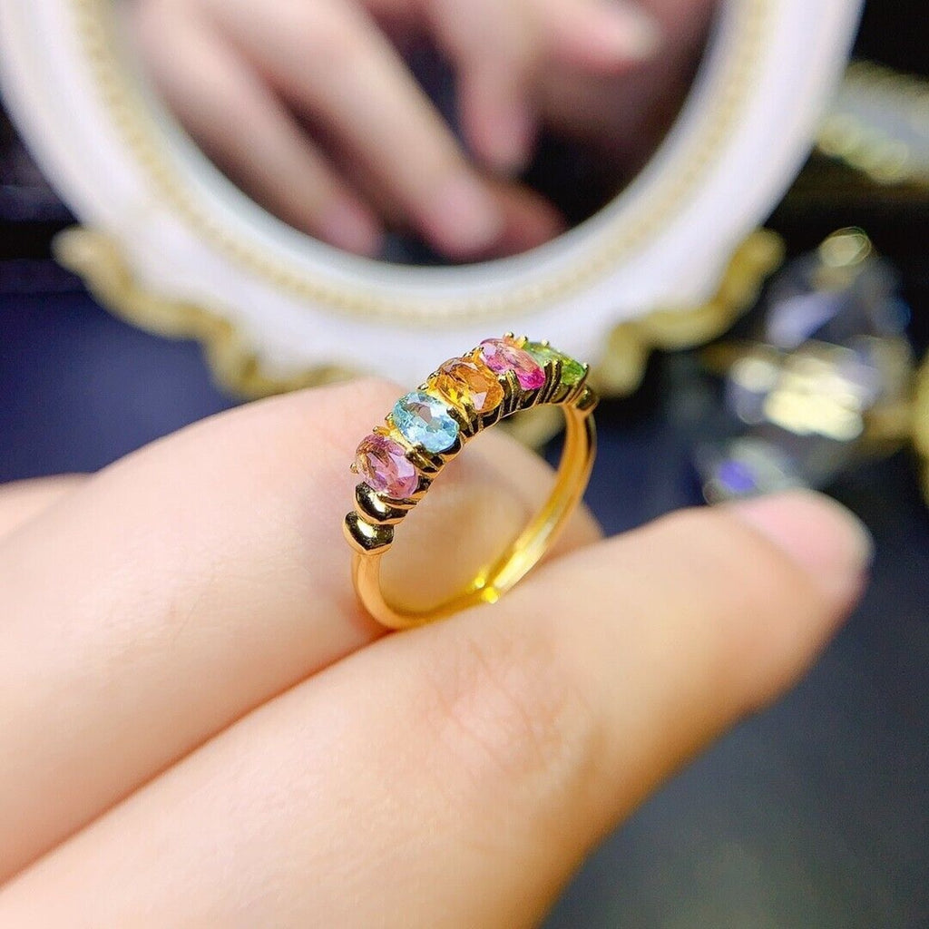 Multicolor Tourmaline Gemstone Band Ring, Natural Tourmaline Band Ring