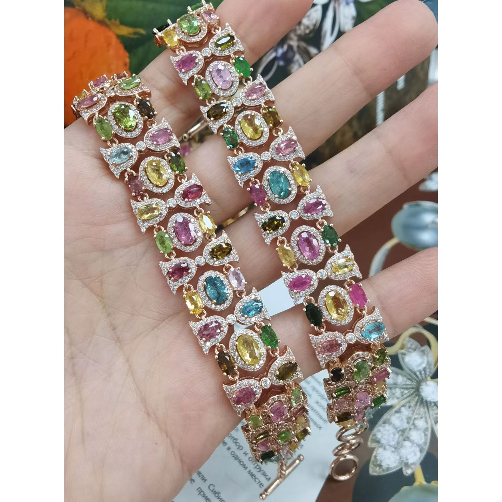 Multicolor Tourmaline Rose Gold Gemstone Bracelet, VVS Brazilian Tourmaline