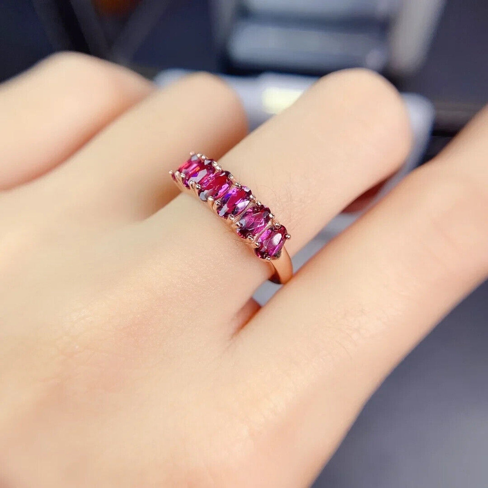 Mozambique Garnet Band Ring 3x5mm, Pink Garnet Band Ring Sterling Silver