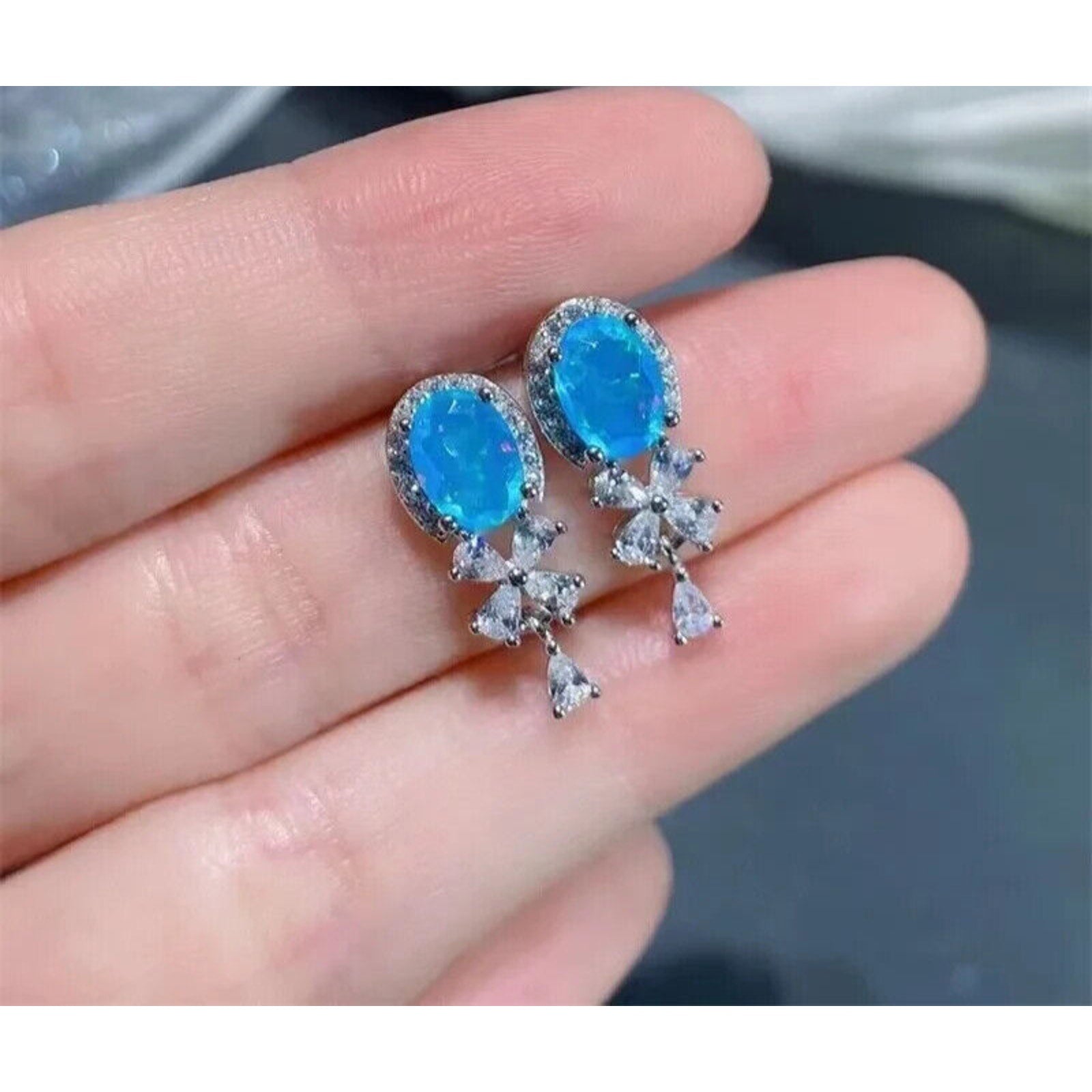 Blue Opal Banquet Stud Earrings, Natural Blue Fire Opal Stud Earrings 5x7mm