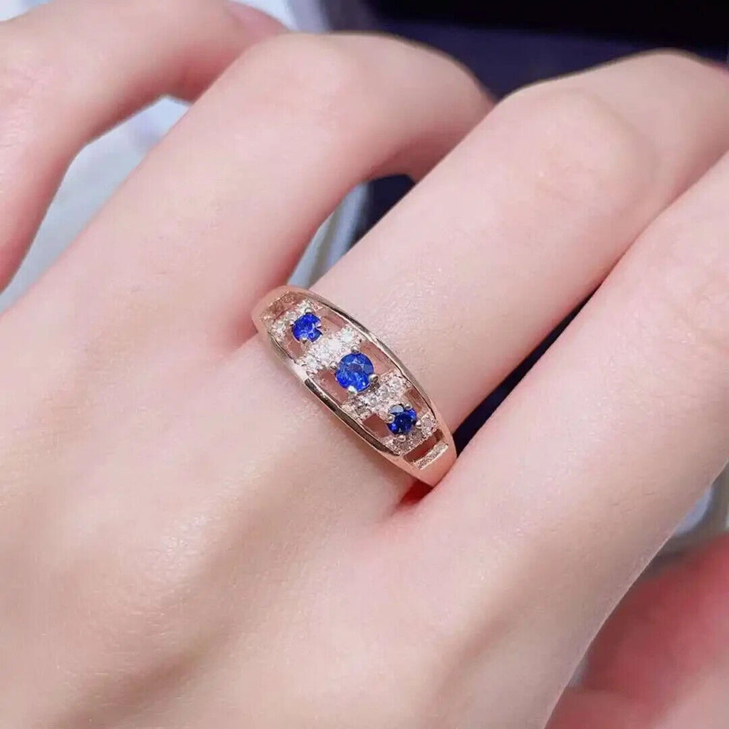 Blue Sapphire Band Ring, Natural Blue Sapphire Gemstone Ring 925 Sterling