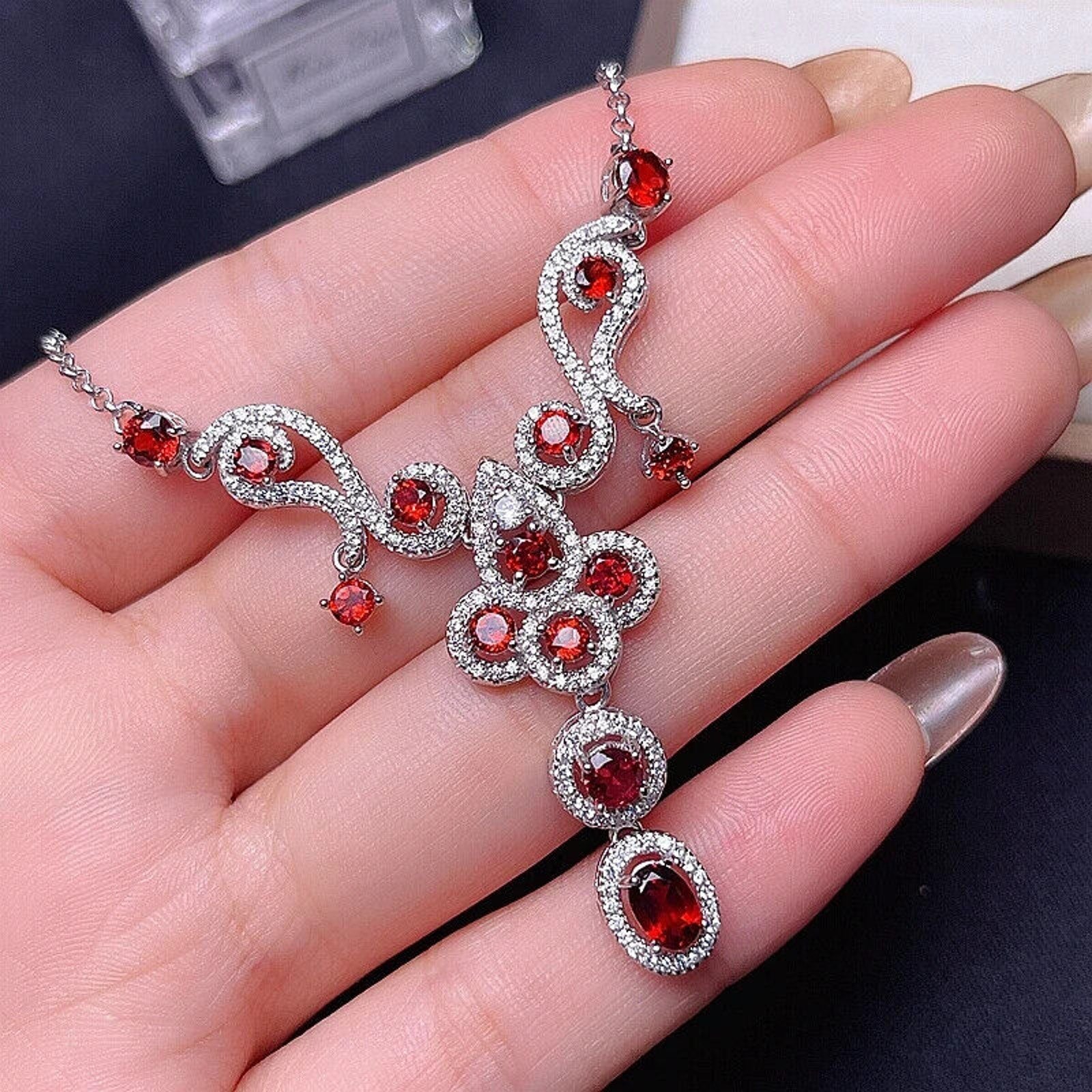 Red Garnet Gemstone Statement Necklace, Garnet Necklace 925 Sterling Silver