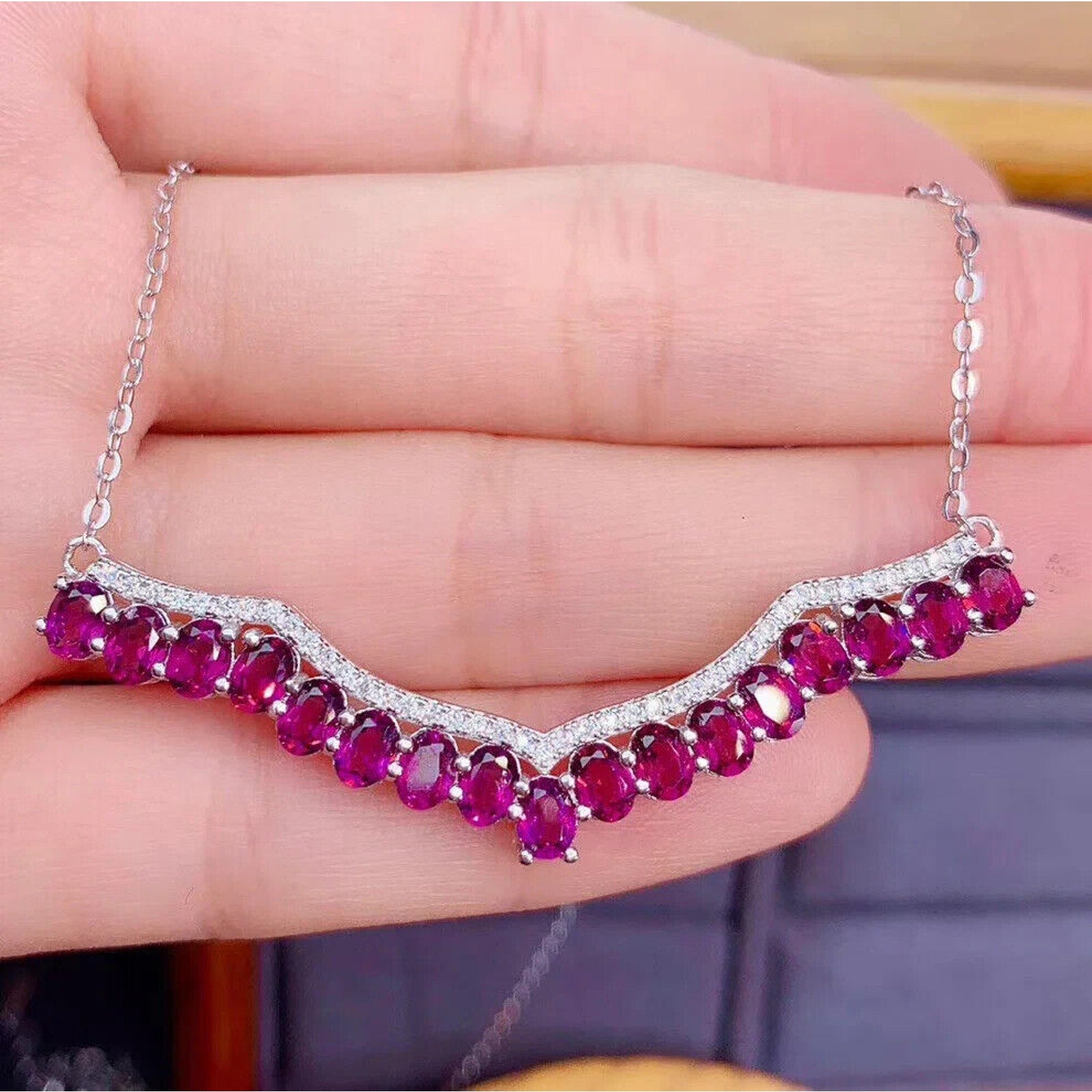 Natural Garnet Clavicle Chain Necklace, Garnet Chain Necklace 925 Sterling