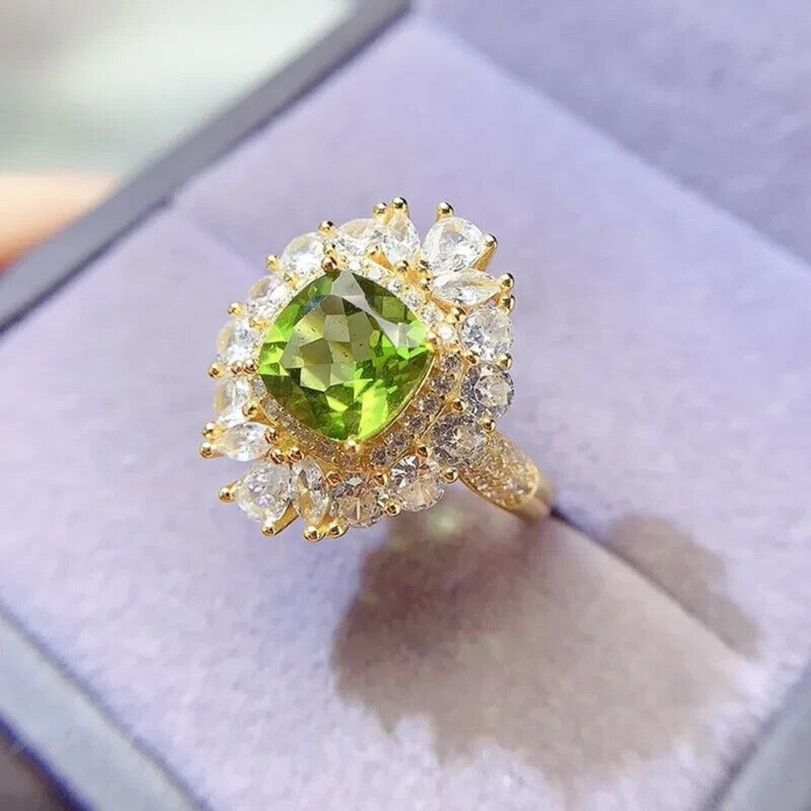 Natural Peridot Gemstone Crystal Cluster Ring 8mm