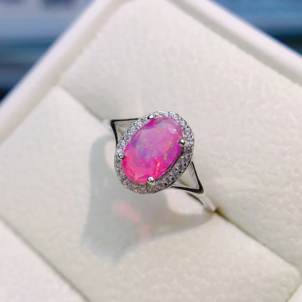 Natural Pink Fire Opal Cocktail Ring 6x9mm, Pink Opal Ring Sterling Silver