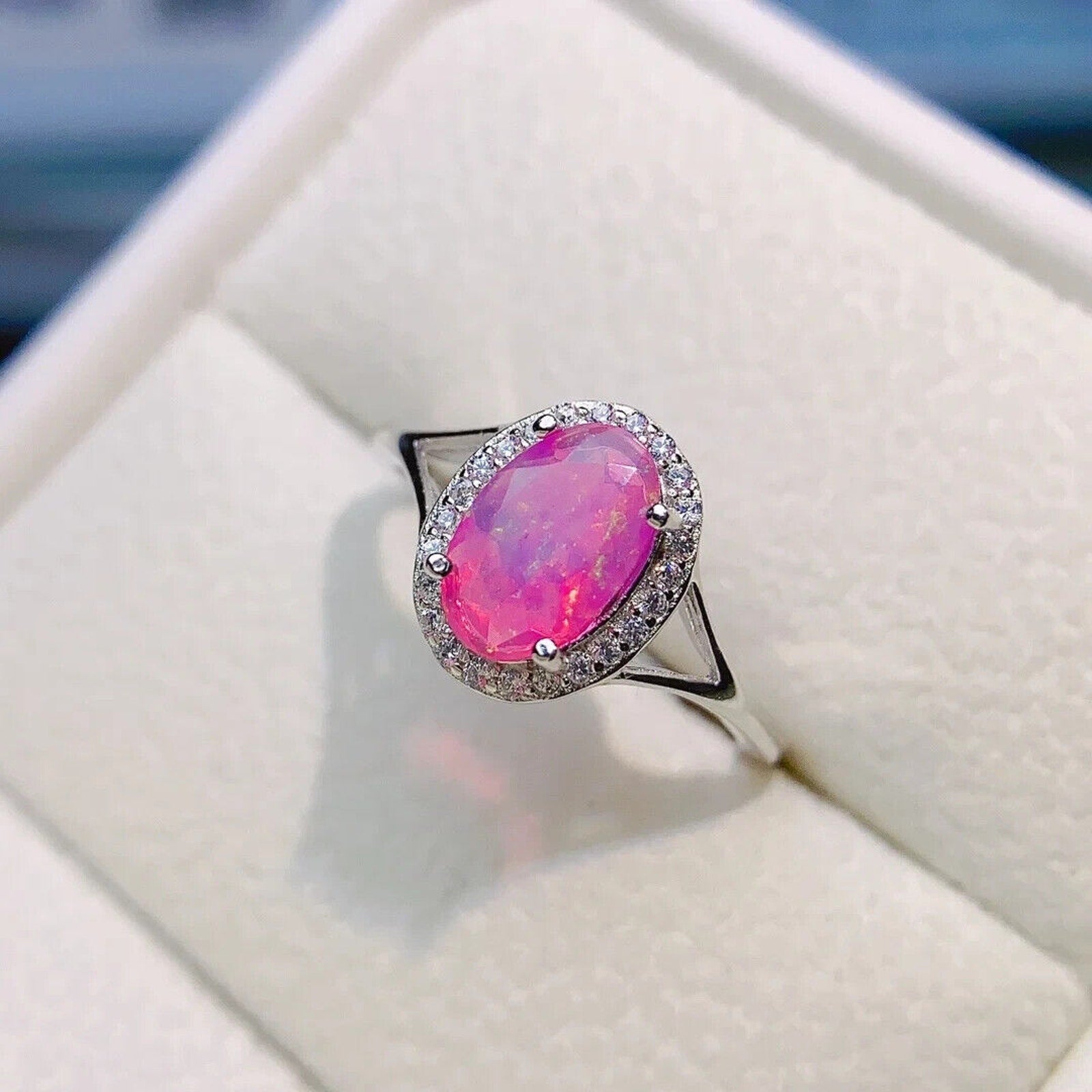 Natural Pink Fire Opal Cocktail Ring 6x9mm, Pink Opal Ring Sterling Silver