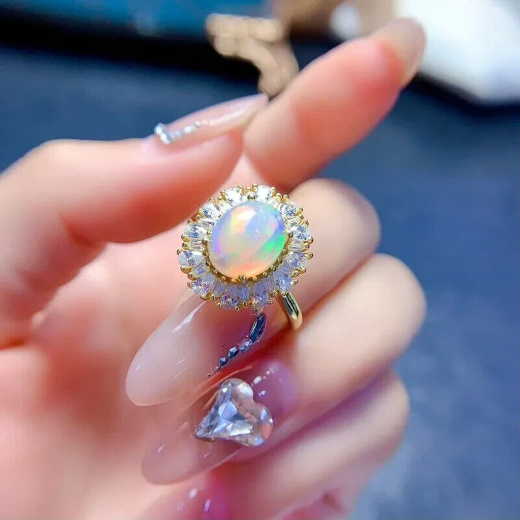 Natural Fire Opal Gemstone Ring 8x10mm Sterling Silver