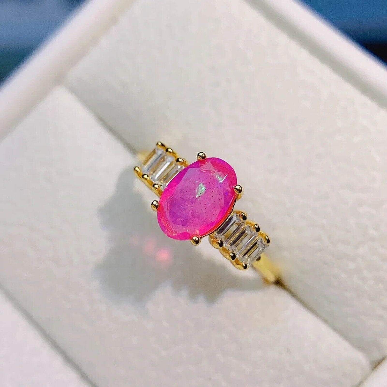 Pink Fire Opal Oval Cut Ring 5x8mm, Natural Pink Fire Opal Ring 925 Sterling