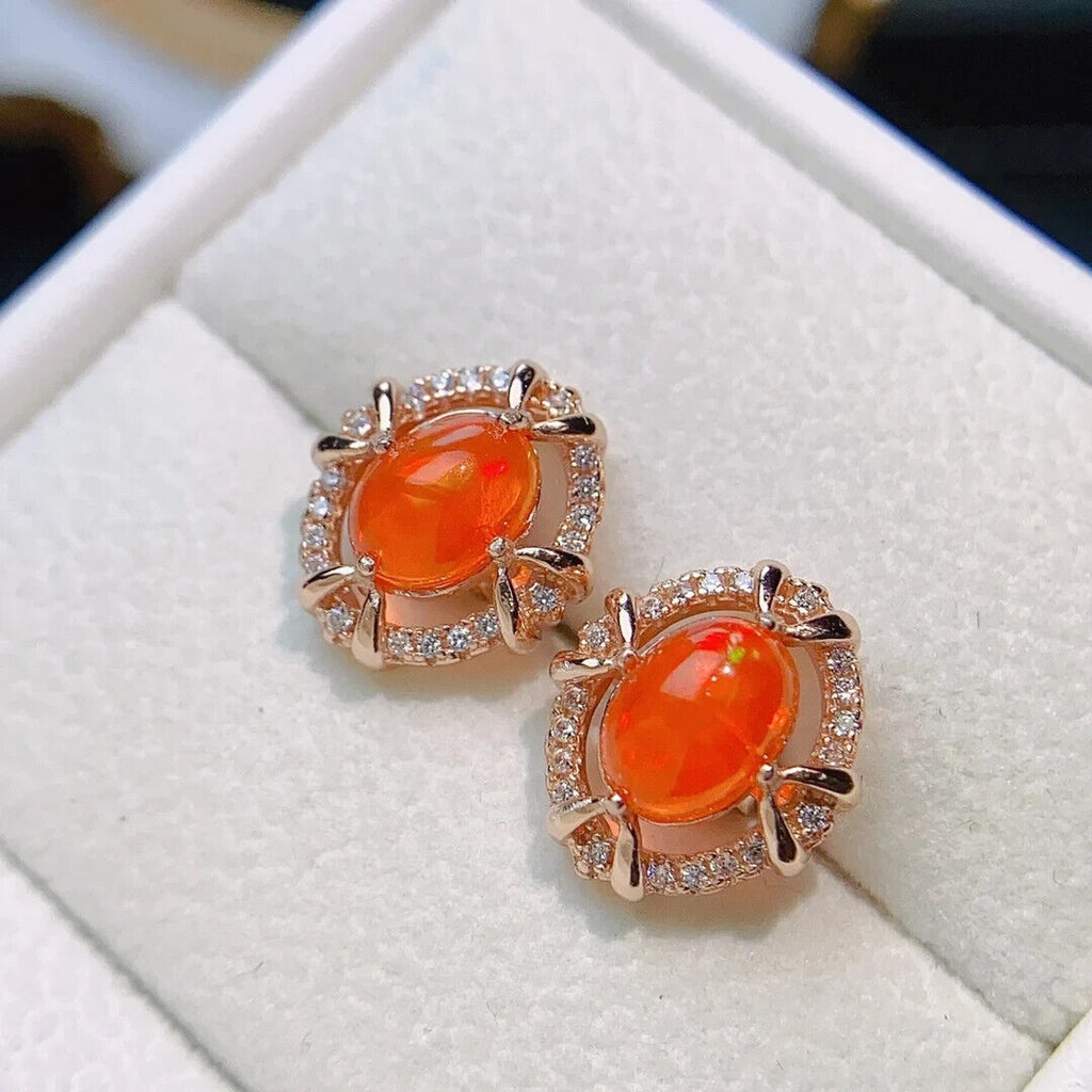Orange Fire Opal Stud Earrings, Natural Orange Opal Stud Earrings 6x8mm