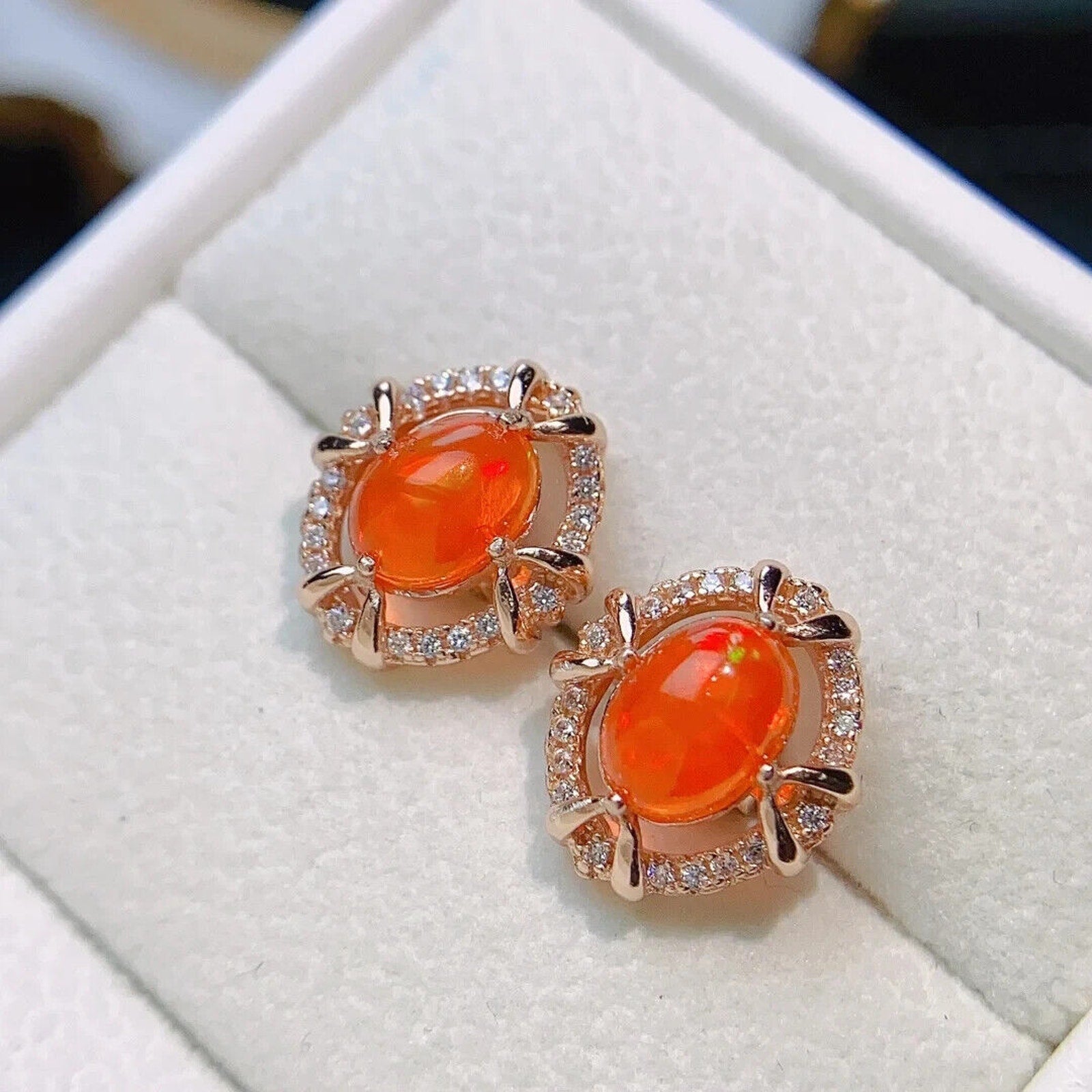 Orange Fire Opal Stud Earrings, Natural Orange Opal Stud Earrings 6x8mm