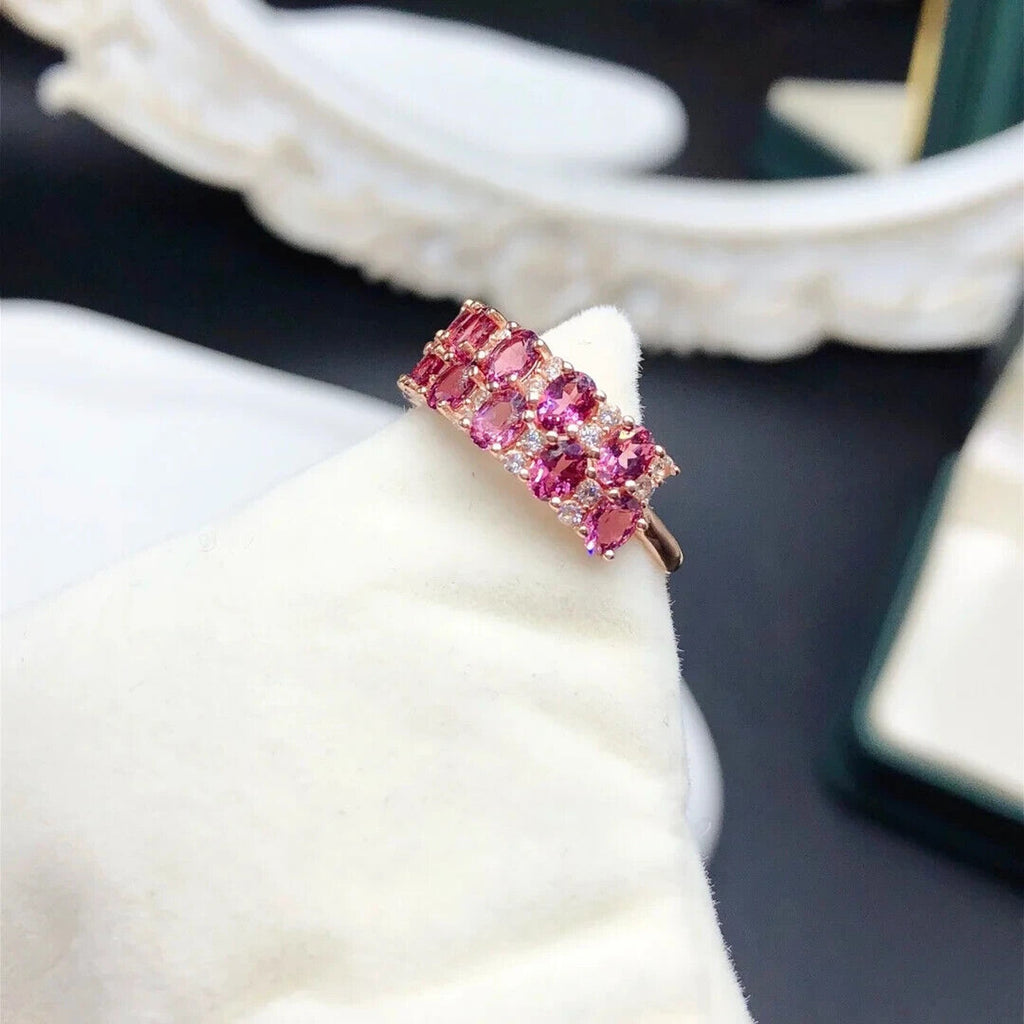 Natural Pink Garnet Double Layer Band Ring 3x4mm Platinum Plated Sterling