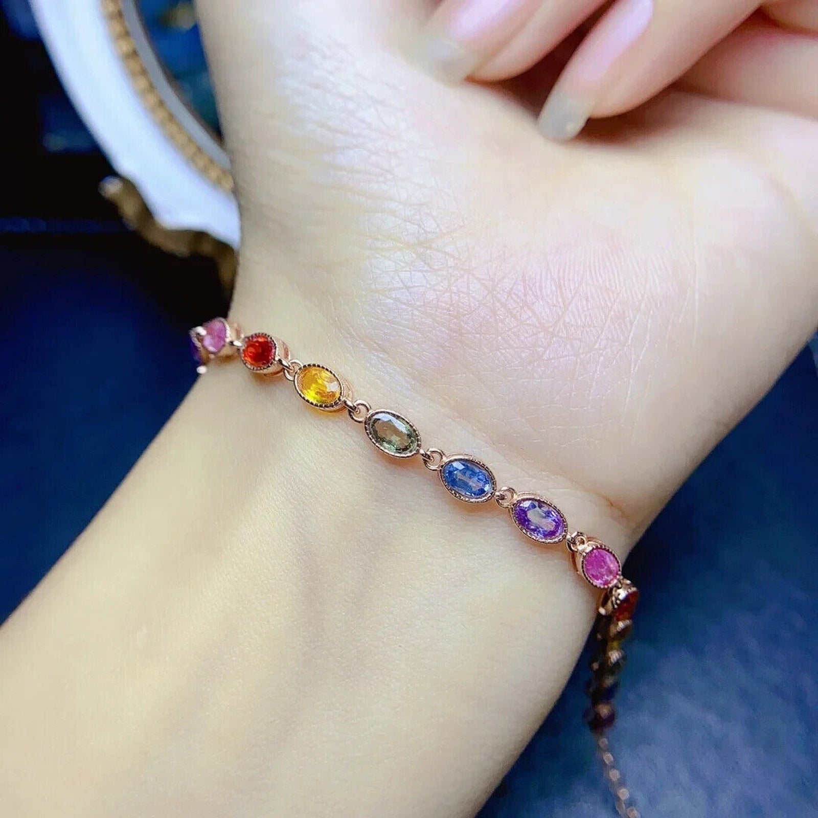 Colorful Sapphire Gemstone Tennis Bracelet, Natural Sapphire Bracelet Silver