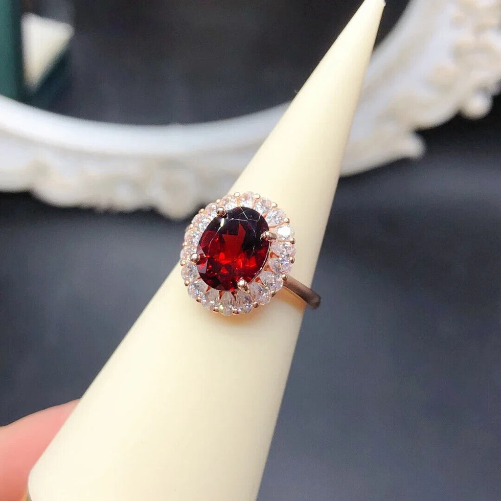 Red Garnet Cluster Statement Ring 8x10mm Platinum Pated Sterling Silver